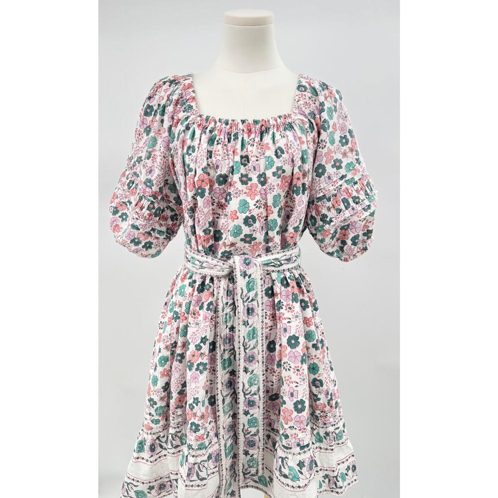 Cleobella Mara White Floral Mini Dress Puff Sleeve Cotton Block Print Tie Large
